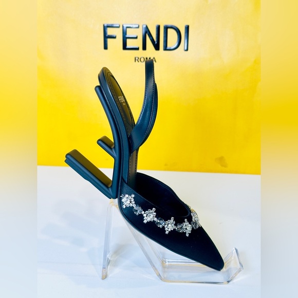 Fendi First Slingback Heels Black Satin With Nero Crystal Size 37.5 Retail$1790 - Picture 3 of 16